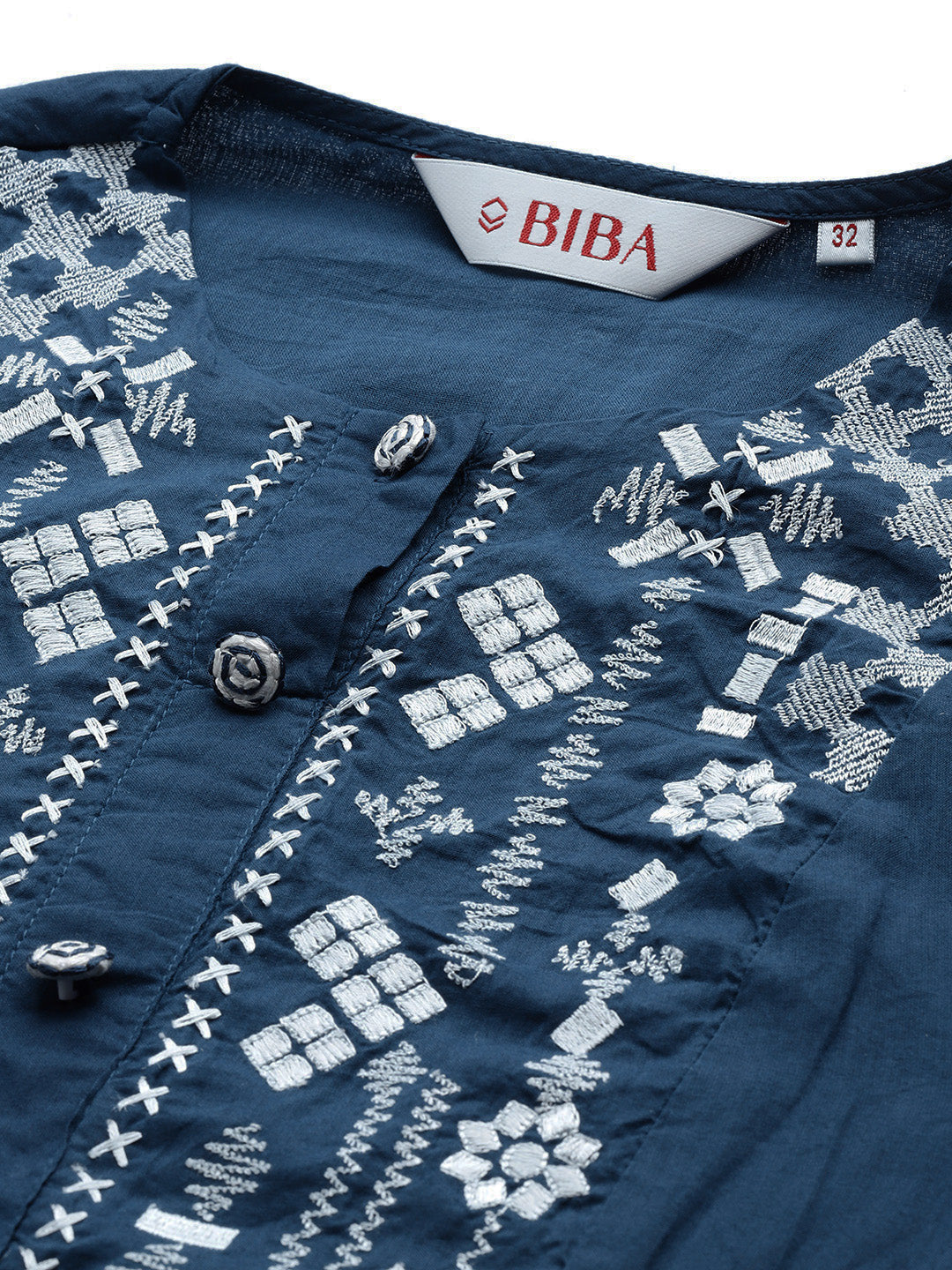 Biba Women Navy Blue & White Geometric Yoke Design Dyed Cotton Indigo Kurta - Distacart