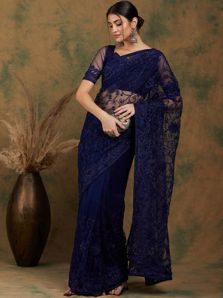 Sangria Navy Blue Floral Embroidered Net Saree - Distacart