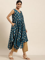 Thumbnail for Sangria Women Teal Blue & Golden Ethnic Motifs Printed A-Line Kurta - Distacart
