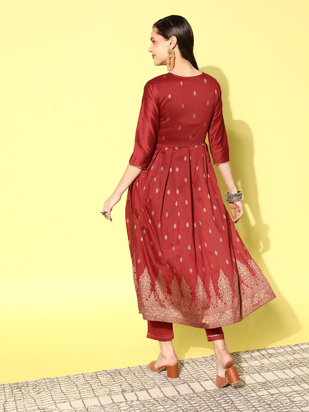 Sangria Floral Yoke Design Pleated Mirror Work Chanderi Silk Kurta with Trousers - Distacart