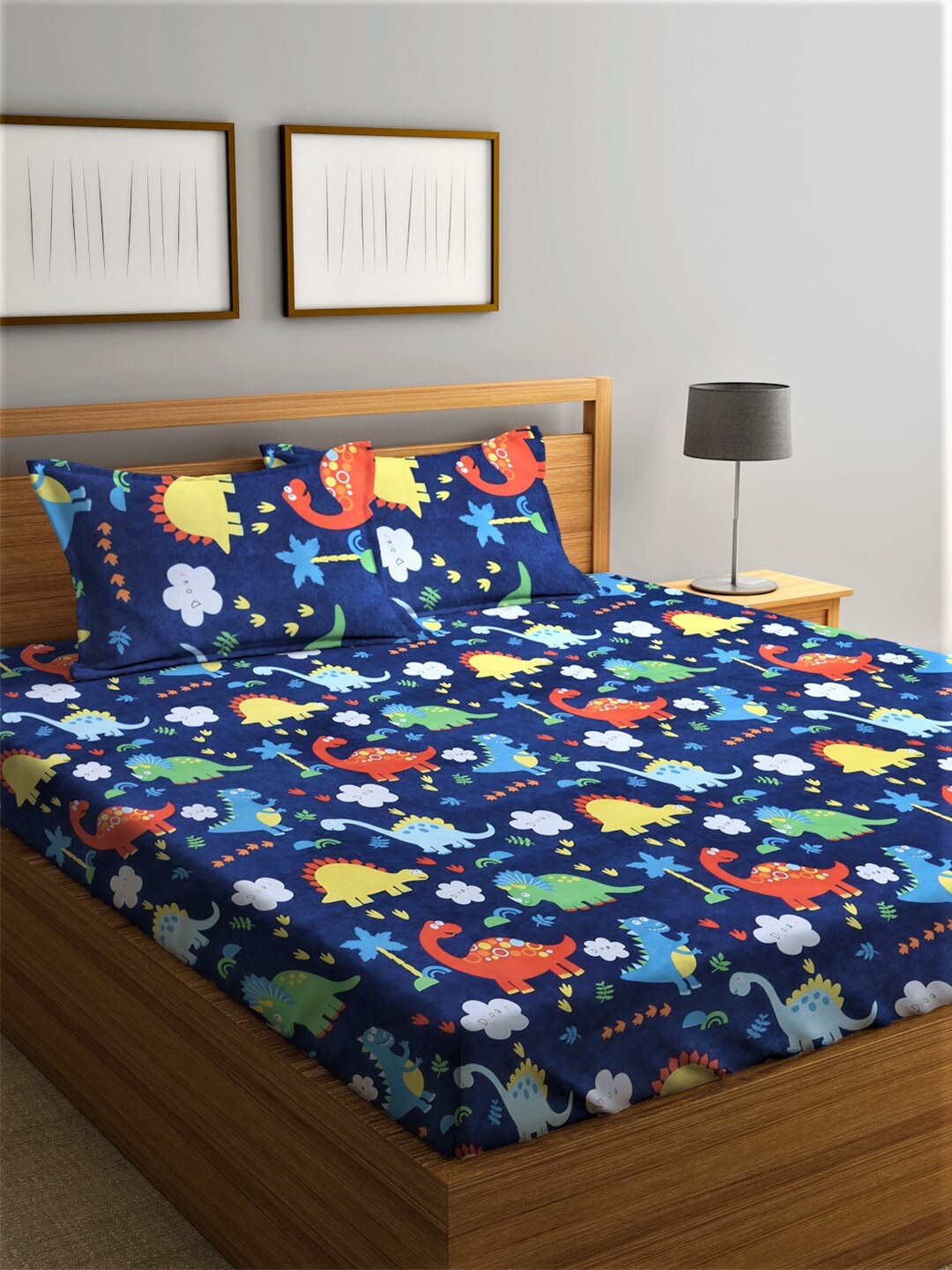 Home Sizzler Blue & Yellow Printed 210 TC Bedsheet with Pillow Covers - Distacart