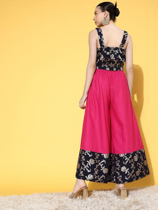 InWeave Women's Blue Brocade Strappy Top W Fuchsia Blue Brocade Palazzo Set - Distacart