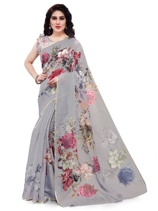 Kalini Taupe & Red Floral Printed Zari Border Organza Saree - Distacart