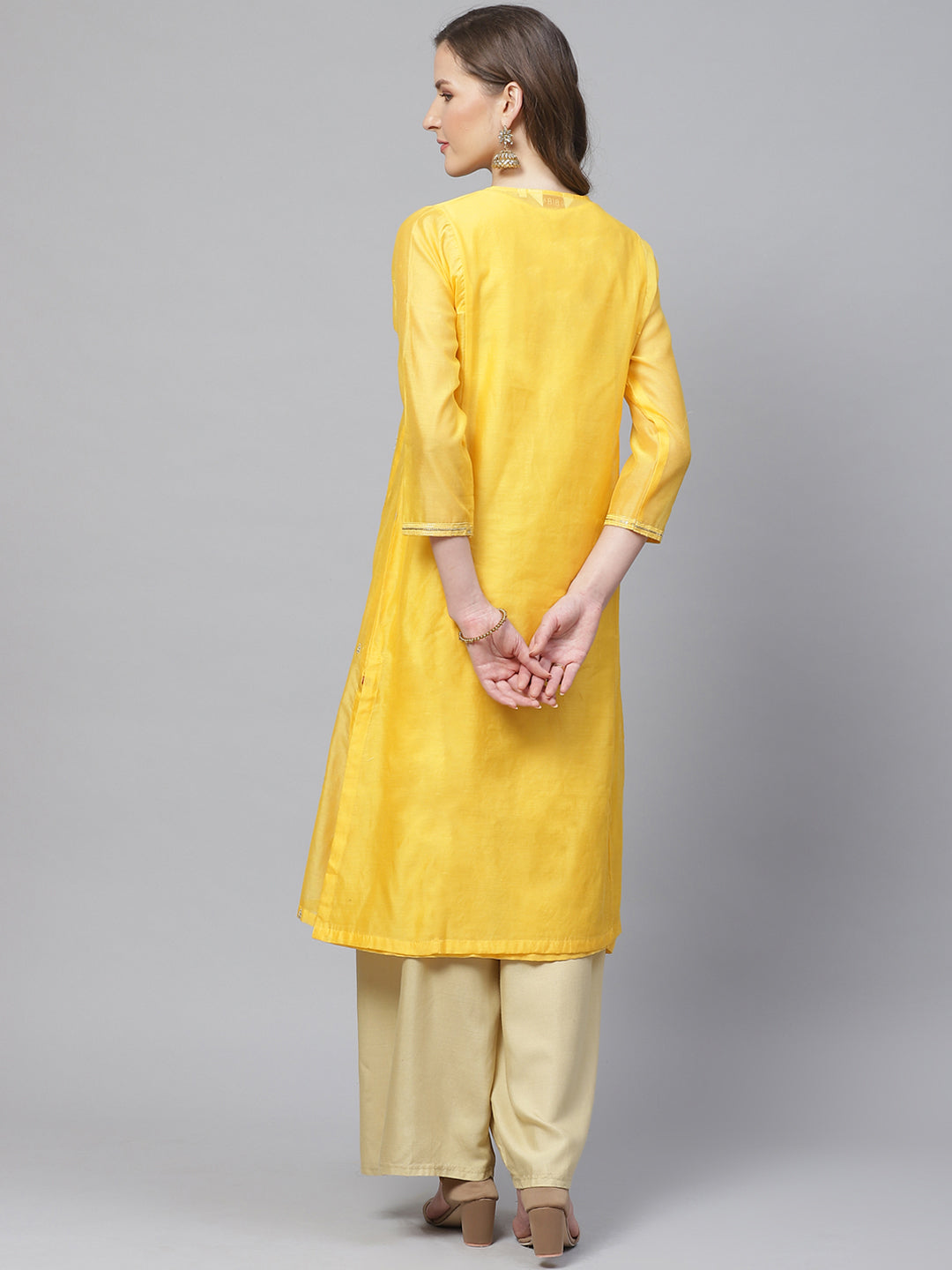 Biba Women Yellow & Silver Woven Design Layered Straight Kurta - Distacart