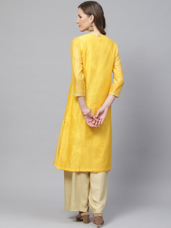 Biba Women Yellow & Silver Woven Design Layered Straight Kurta - Distacart