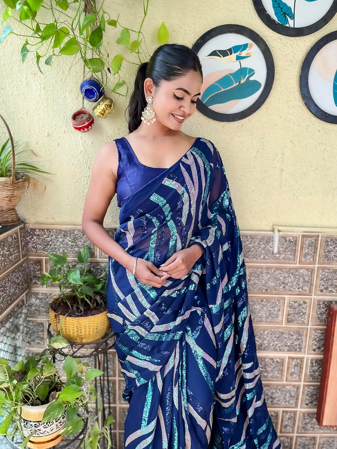 Mitera Navy Blue Sequin Embellished Saree - Distacart