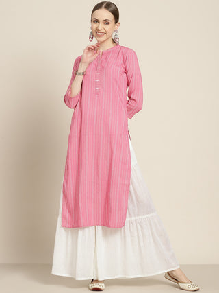 Sangria Women Pink & White Striped Sequin Detail Kurta - Distacart