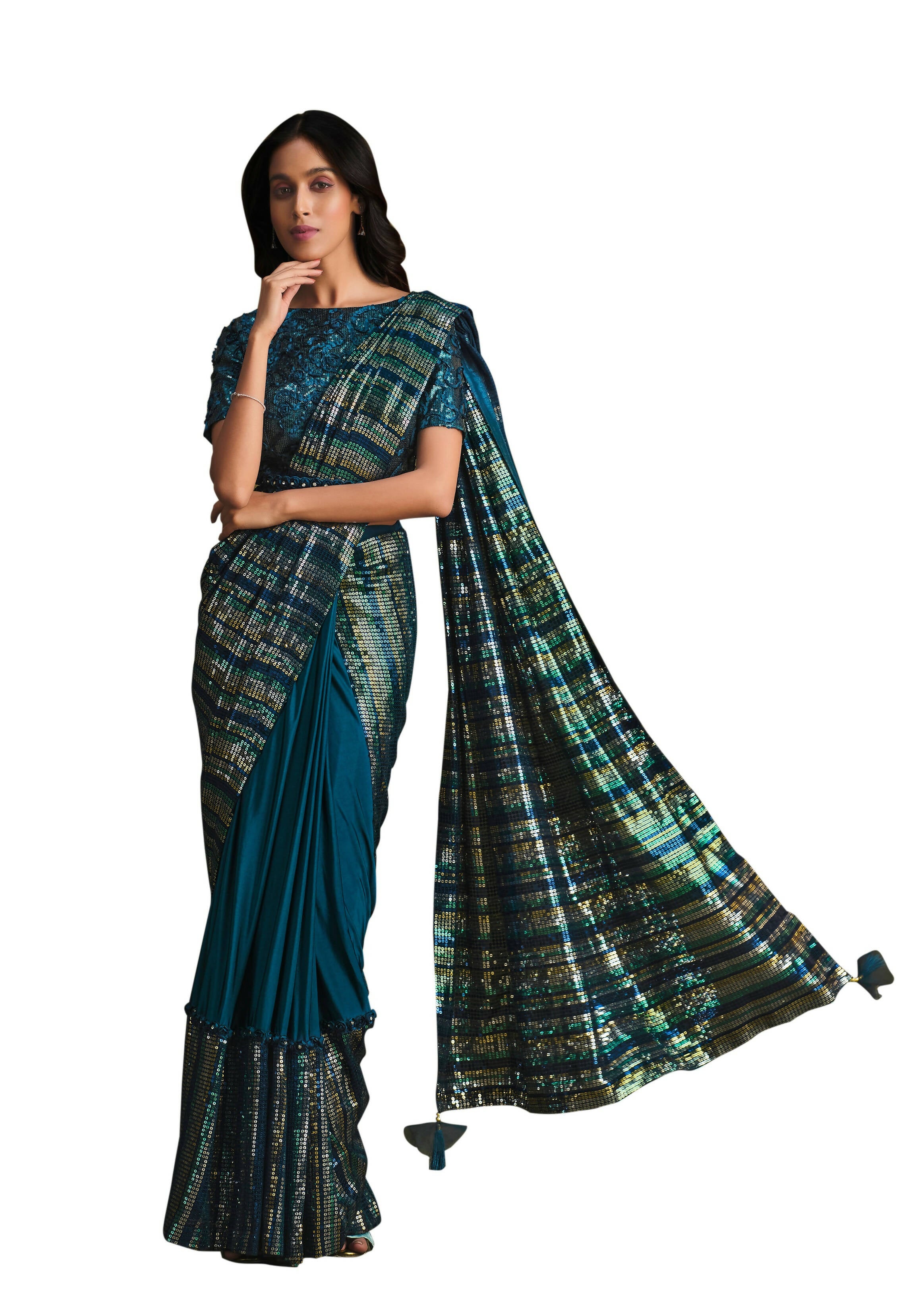 Teal Crystal Silk Sequence Embroidered Saree With Stitched Blouse - Mohmanthan La Belle - Distacart