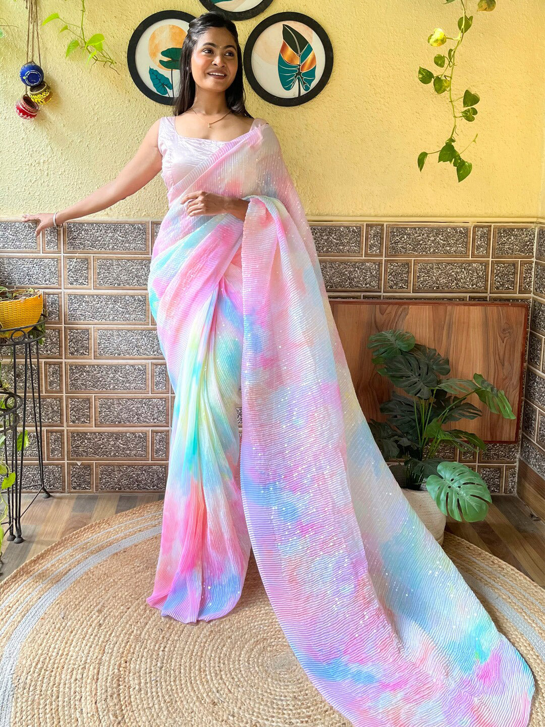 Mitera Pink Striped Sequinned Detailed Pure Georgette Saree - Distacart