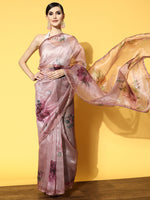 Thumbnail for Tikhi Imli Pink & Green Floral Organza Saree - Distacart