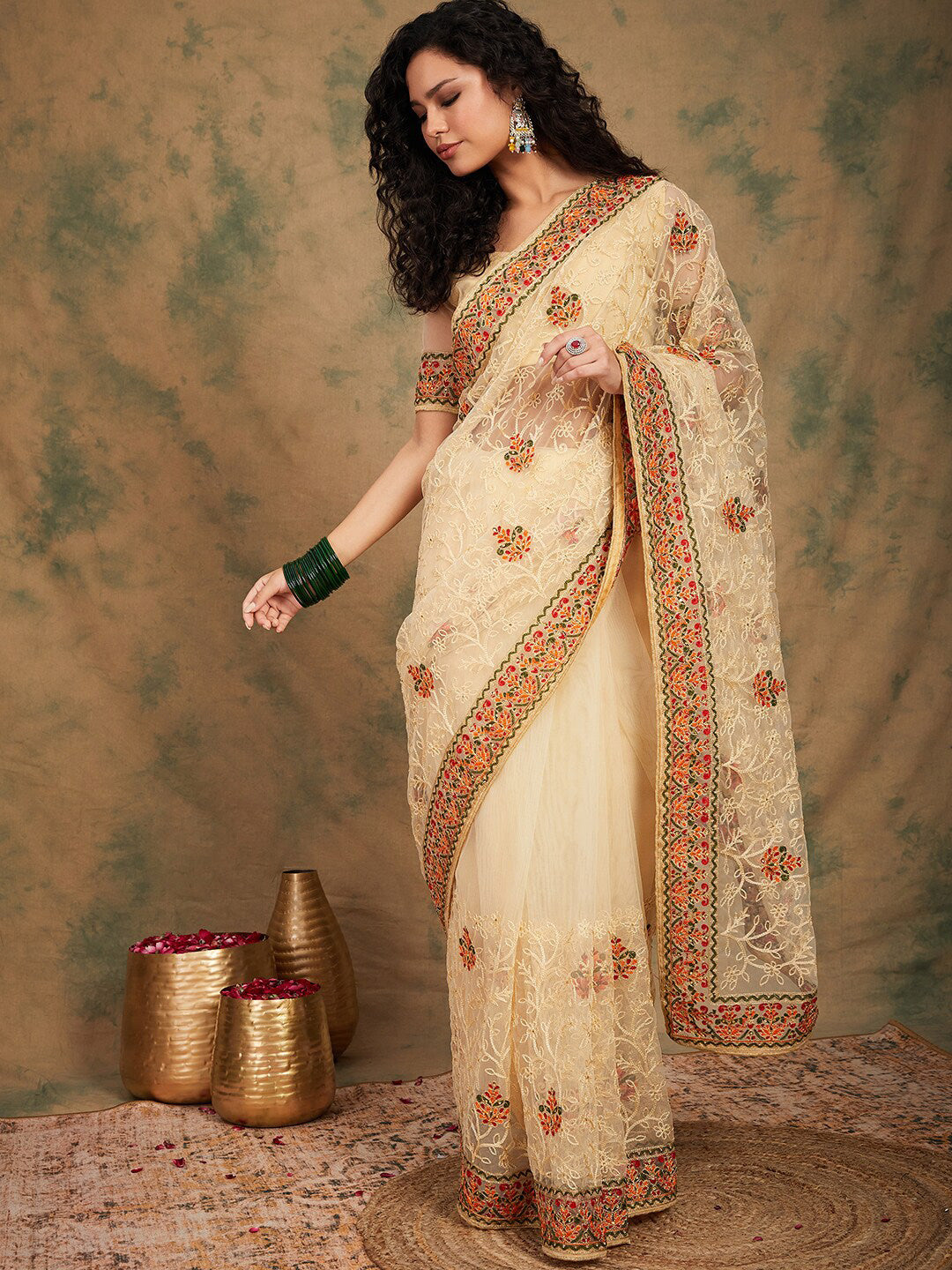 Sangria Yellow Beige Embroidered Net Sarees - Distacart
