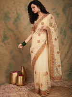 Thumbnail for Sangria Yellow Beige Embroidered Net Sarees - Distacart
