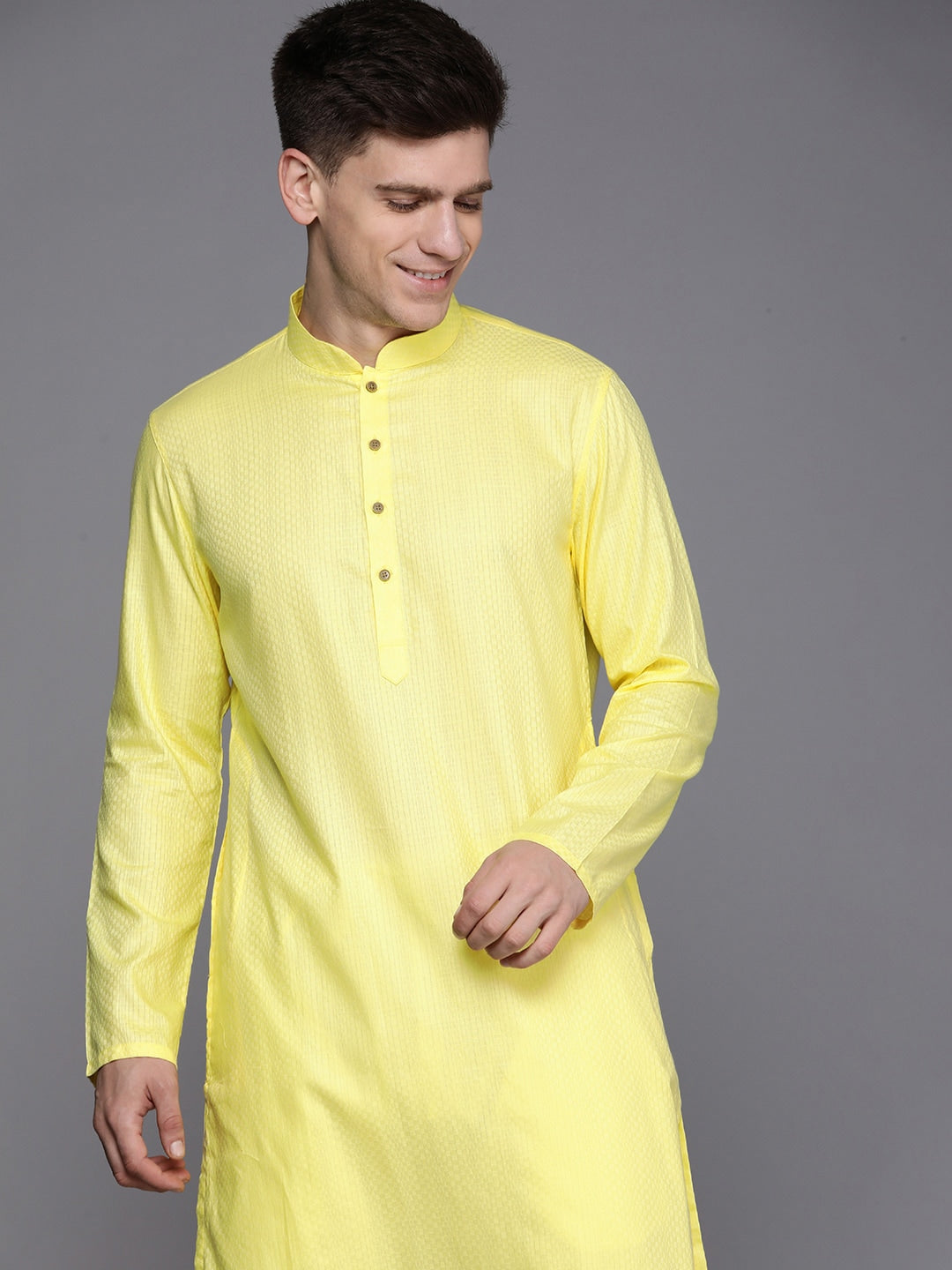 Manyavar Men Yellow Pure Cotton Mandarin Collar Kurta Set - Distacart
