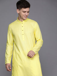 Thumbnail for Manyavar Men Yellow Pure Cotton Mandarin Collar Kurta Set - Distacart