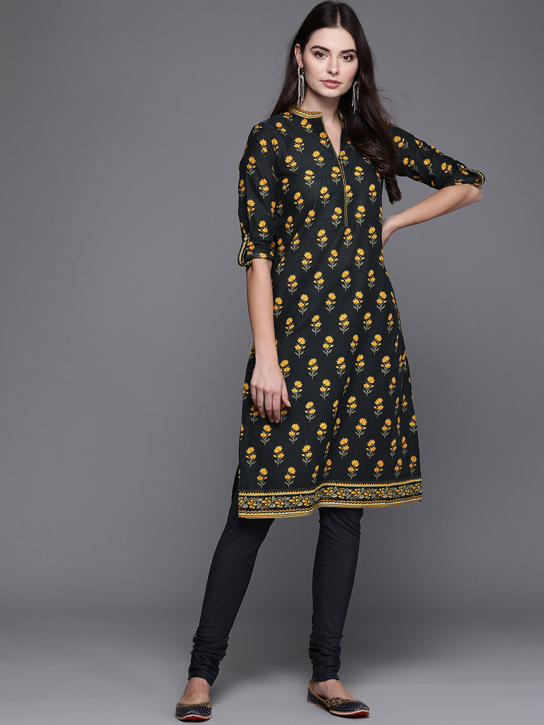 Biba Women Black & Mustard Yellow Pure Cotton Printed Kurta with Churidar - Distacart