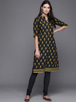 Thumbnail for Biba Women Black & Mustard Yellow Pure Cotton Printed Kurta with Churidar - Distacart