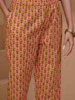 Thumbnail for Sangria Yellow & Peach Floral Printed Pure Cotton Straight Kurta With Trousers & Dupatta - Distacart