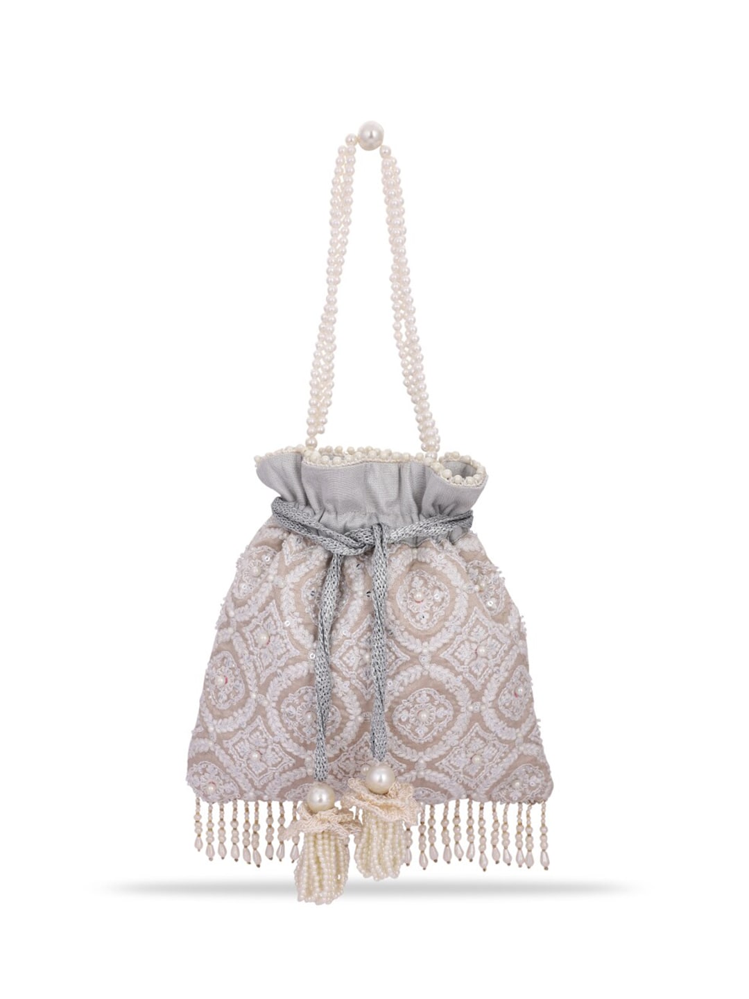 Masq Tan & White Embroidered Potli Clutch - Distacart