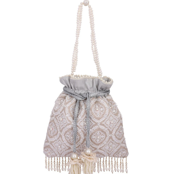 Masq Tan & White Embroidered Potli Clutch - Distacart