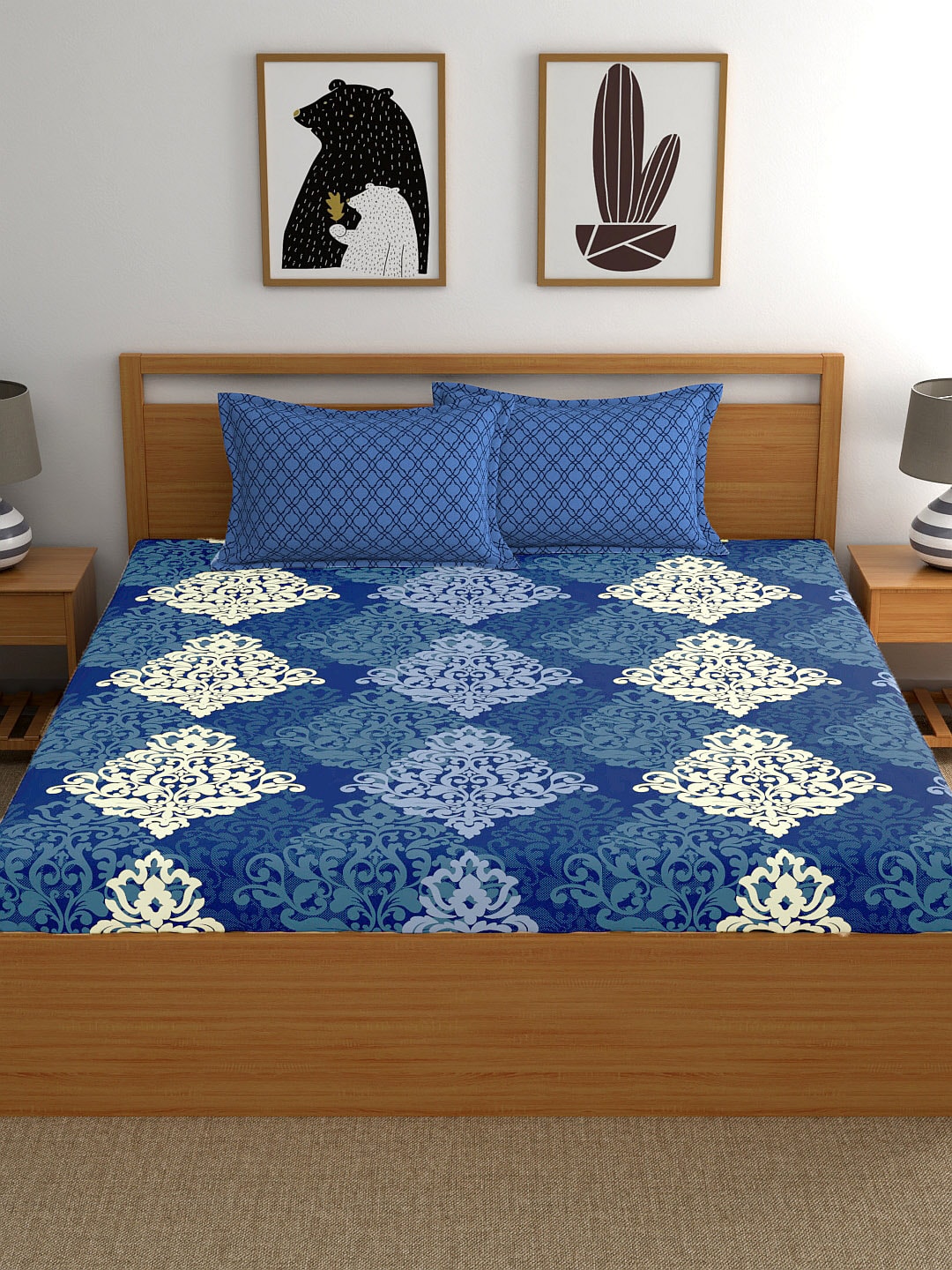 My Room Navy Blue & Yellow Ethnic Motifs 140 TC King Bedsheet with 2 Pillow Covers - Distacart
