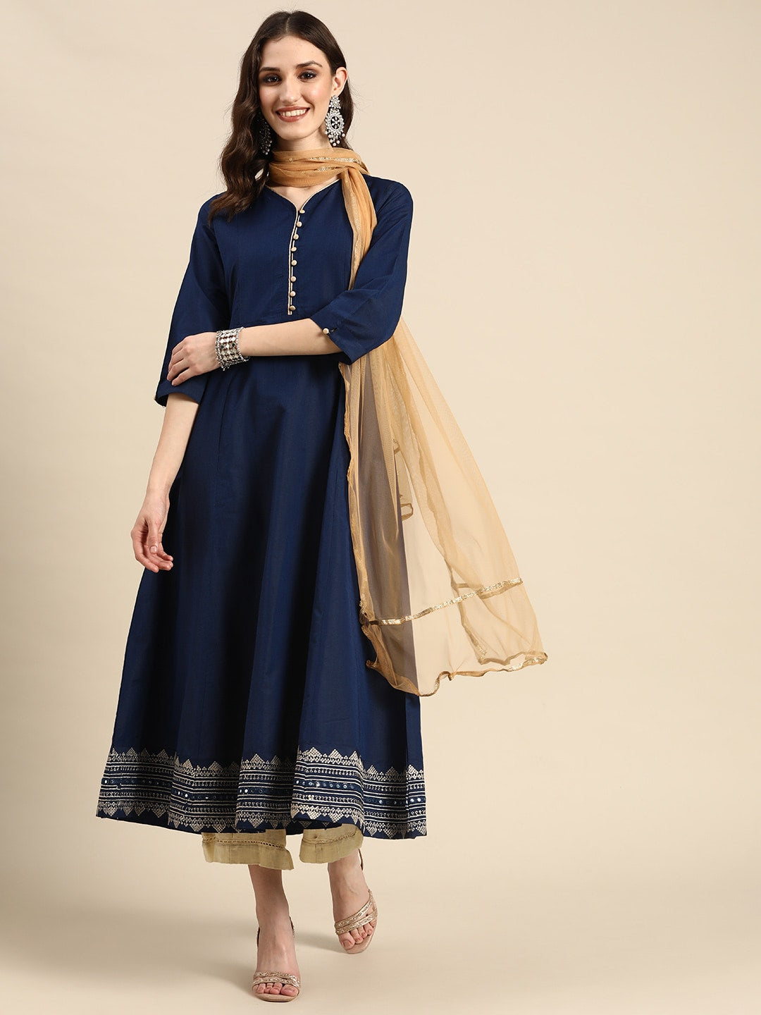 Sangria Women Navy Blue & Beige Embroidered Anarkali Kurta with Dupatta - Distacart