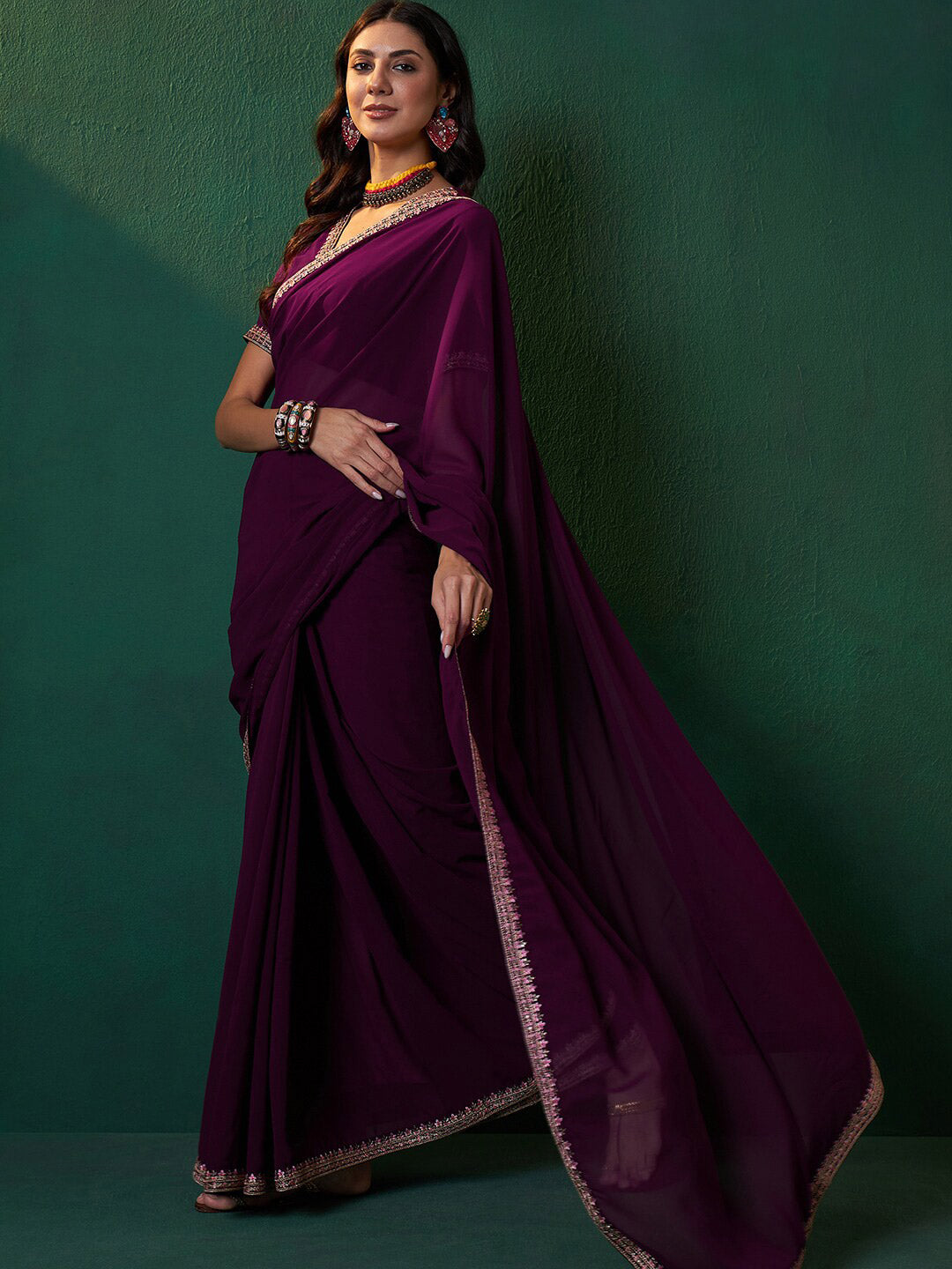 Sangria Embroidered Bordered Sarees - Distacart