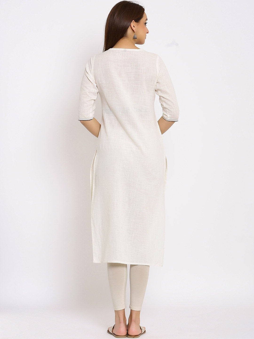 HERE&NOW White & Maroon Geometric Yoke Design Thread Work Straight Kurta - Distacart