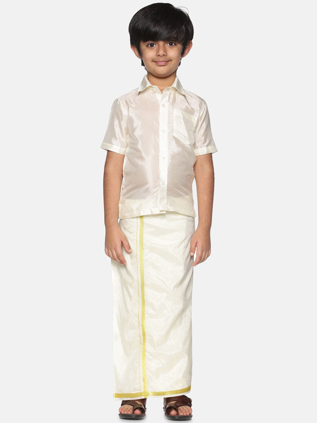 Sethukrishna Boys Cream-Coloured & Gold-Toned Shirt with Dhoti - Distacart