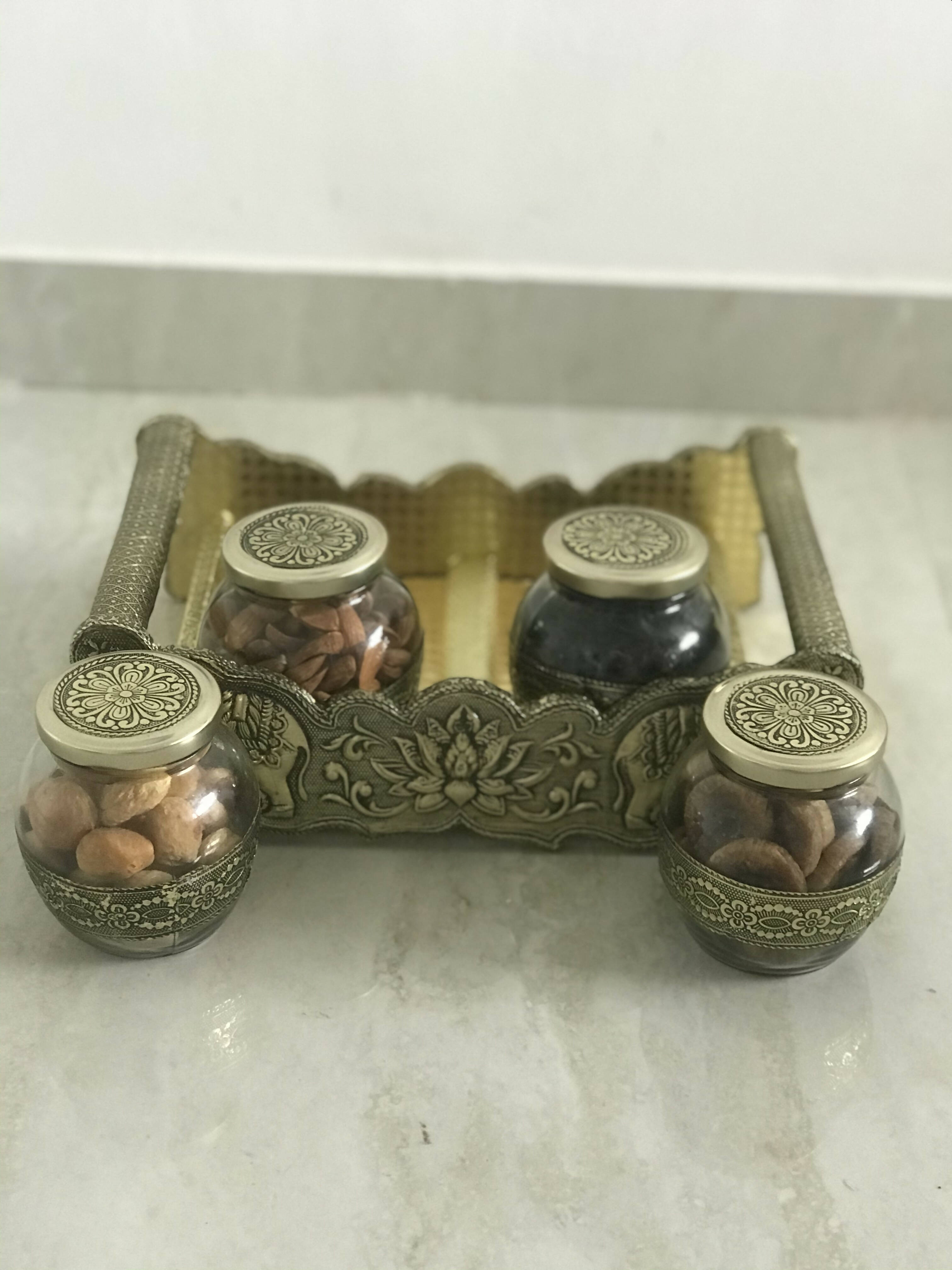 SK Mithaii | Assorted 4 Designed Jar Dry Fruit Tray | Almonds | Apricots | Figs | Black Resins - Distacart