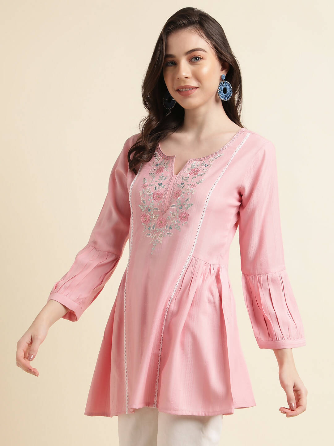 Pink Viscose Rayon Yoke Embroidered A-line Top - Tarini - Distacart
