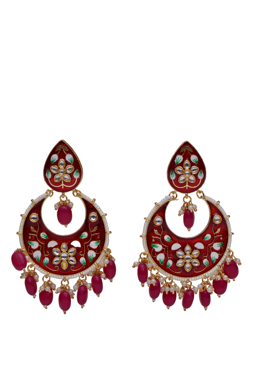 Gold Plated Brass & Pearl Dangle Women Red Hand Painted Meenakari Chandbali Earrings By House of Ree - Distacart