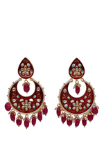Thumbnail for Gold Plated Brass & Pearl Dangle Women Red Hand Painted Meenakari Chandbali Earrings By House of Ree - Distacart