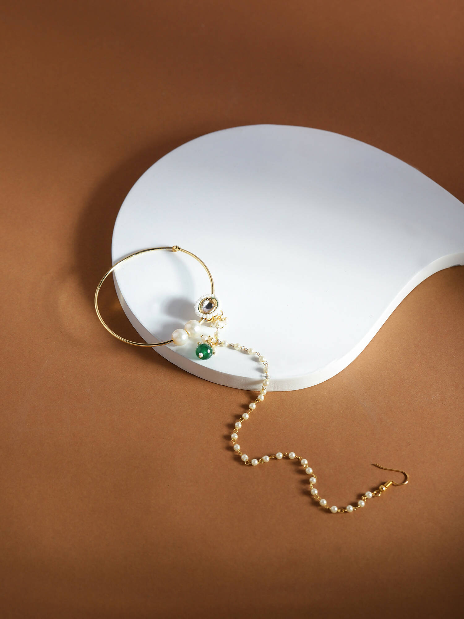 Gold-Plated White Green Kundan-Studded Pearl Beaded Nosepin - Ruby Raang - Distacart