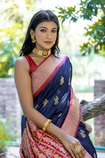 Thumbnail for Vishnu Weaves Women's Navy-Blue Tussar Silk Zari Woven Saree with Blouse - Distacart