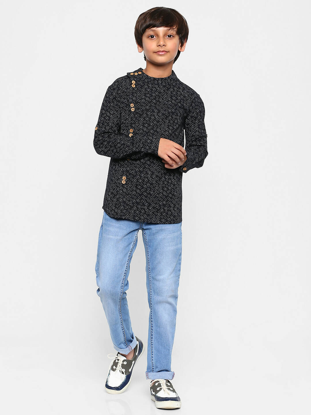 Manet Ethnic Full Sleeves Triangel Printed Shirt - Black - Distacart