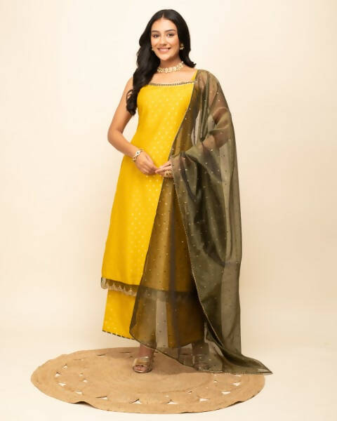 FIORRA Women's Yellow Silk Blend Straight Kurta Palazzo Set With Dupatta - Distacart