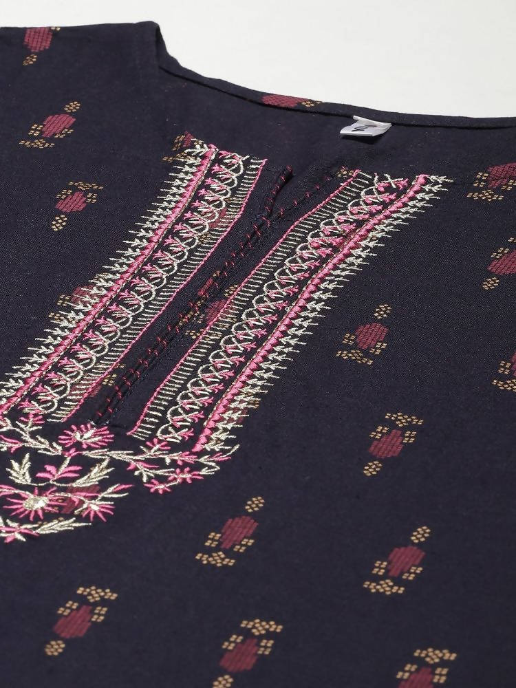 Yufta Women Navy Blue Ethnic Motifs Printed Regular Thread Work Kurta with Palazzo & With Dupatta