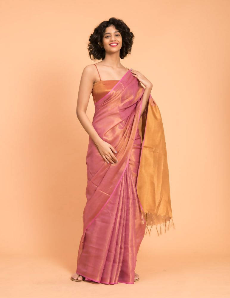 Suta Pink Golden Solid Woven Design Zari Saree - Distacart
