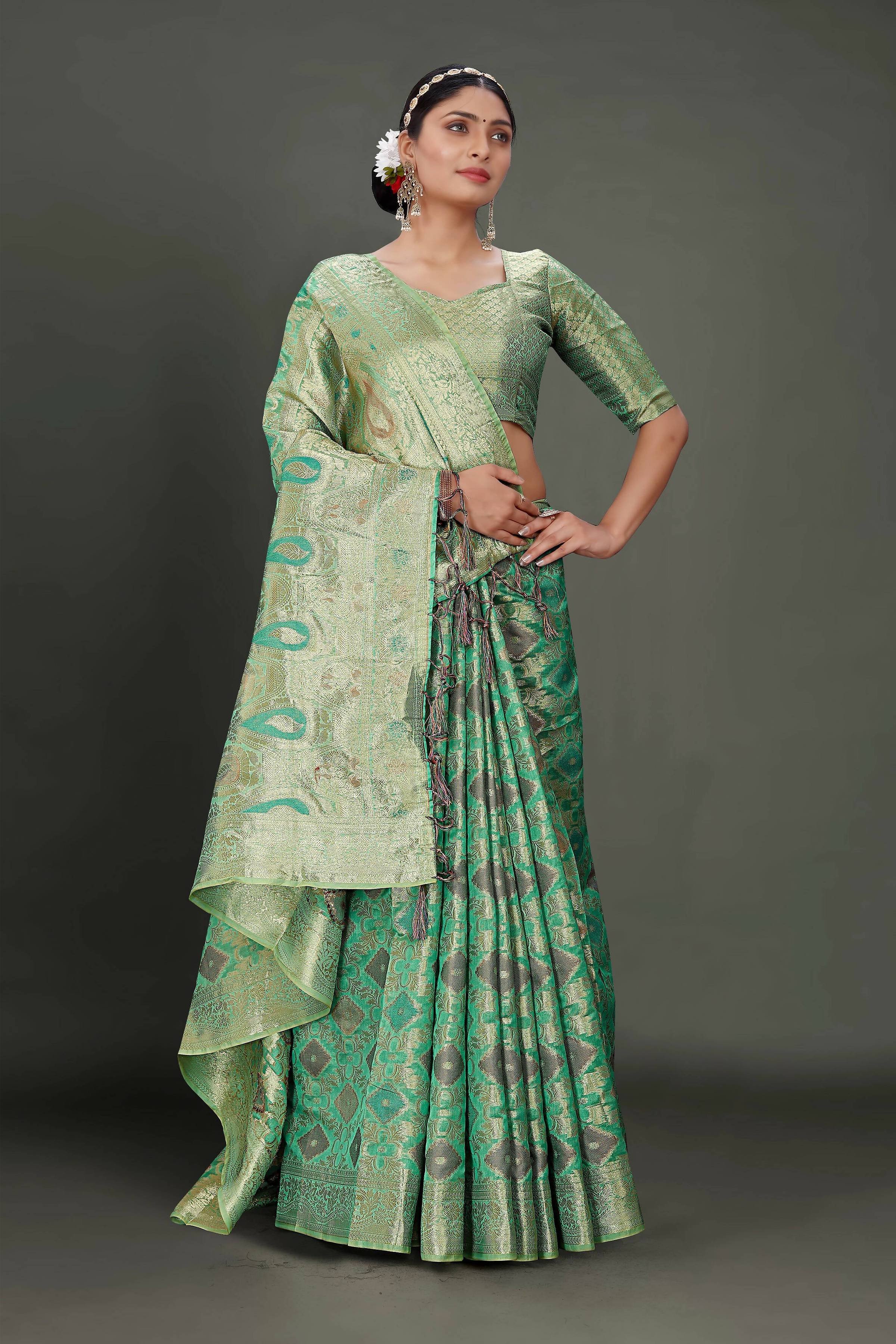 Sea Green Soft Organza Woven Design Saree With Unstitched Blouse Piece - Zaara - Distacart