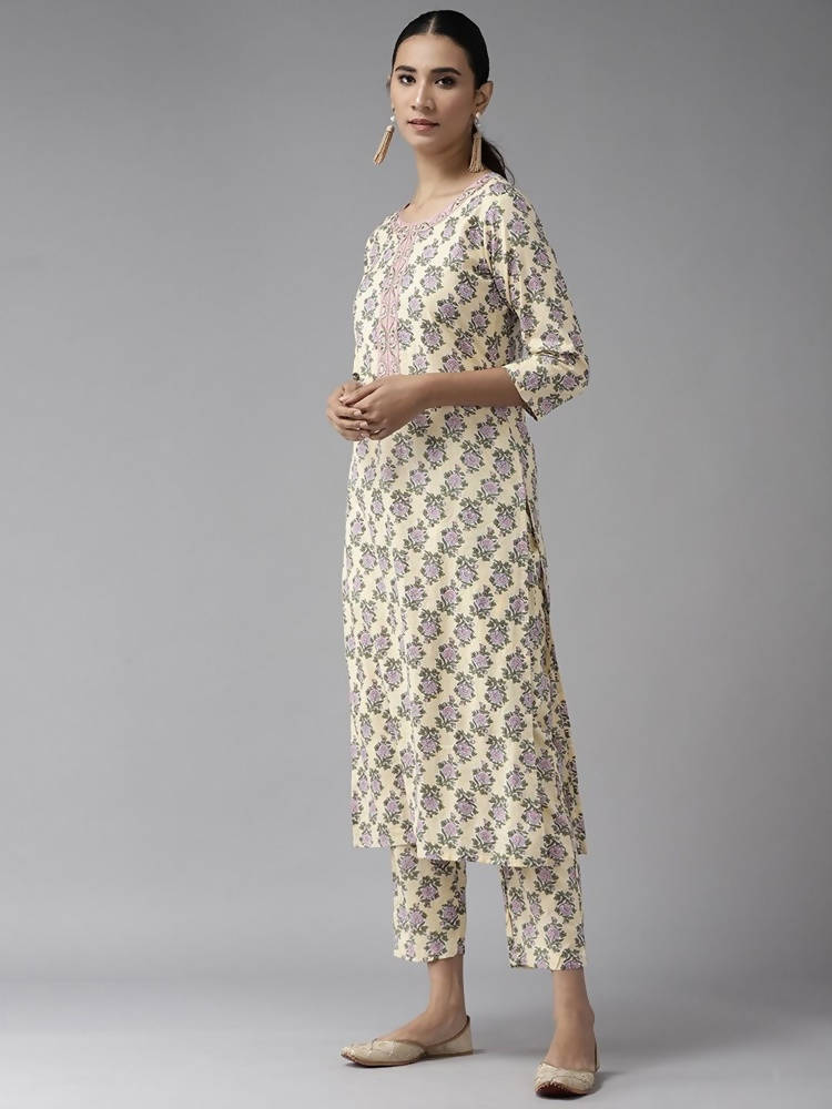 Yufta Women Yellow & Green Floral Handblock Printed Cotton Kurta with Trouser & Dupatta