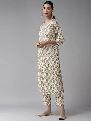 Yufta Women Yellow & Green Floral Handblock Printed Cotton Kurta with Trouser & Dupatta
