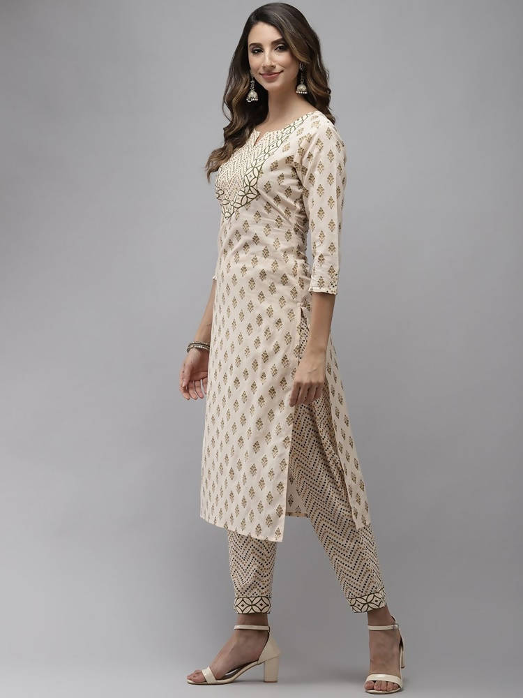 Yufta Women Beige & Green Ethnic Motifs Printed Cotton Kurta with Trouser With Dupatta