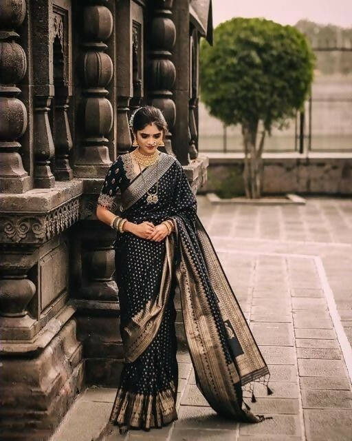 DEIANA'S Beautiful Golden Jari with New Design Soft Lichi Silk Saree - Black - Distacart