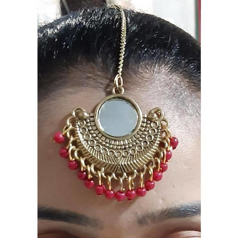 Gold Plated Red Color Pearls Mirror Maang Tikka