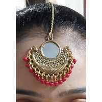 Thumbnail for Gold Plated Red Color Pearls Mirror Maang Tikka
