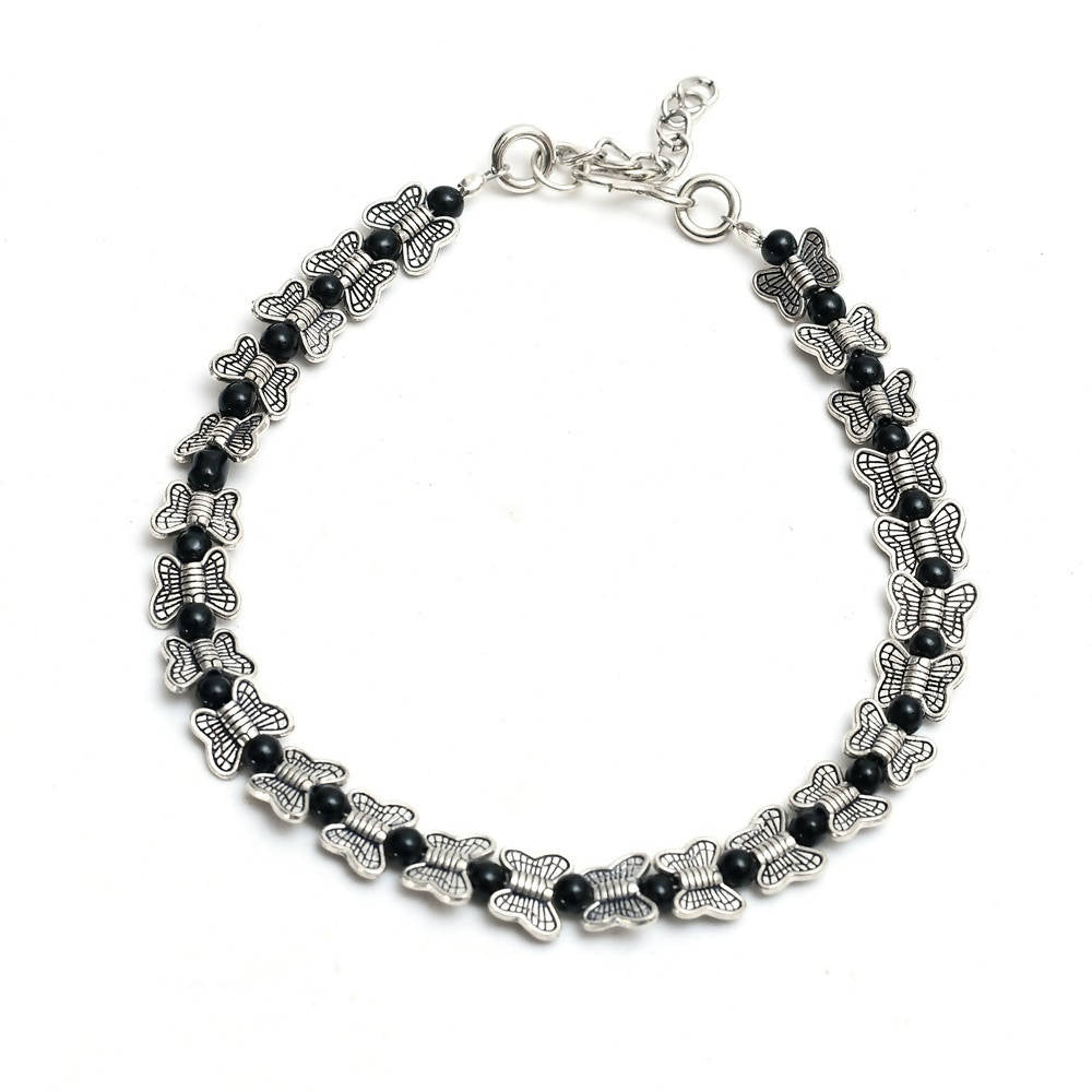 Mominos Fashion Kamal Johar Oxidised Silver Butterfly Anklets