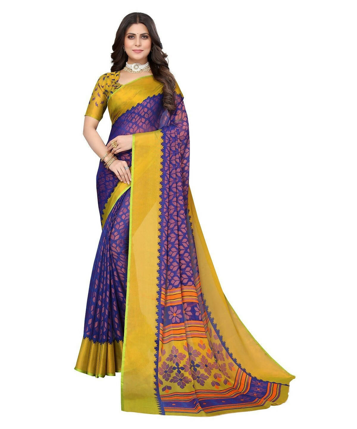 Vamika Blue Chiffon Brasso Bollywood Style Woven Saree (ALIZA BLUE) - Distacart