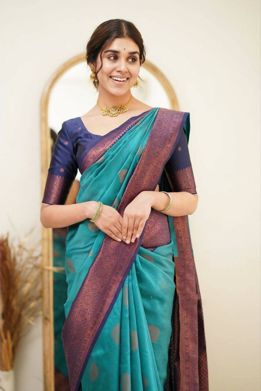 DEIANA'S Beautiful Golden Jari with New Design Soft Lichi Silk Saree - Sky - Distacart