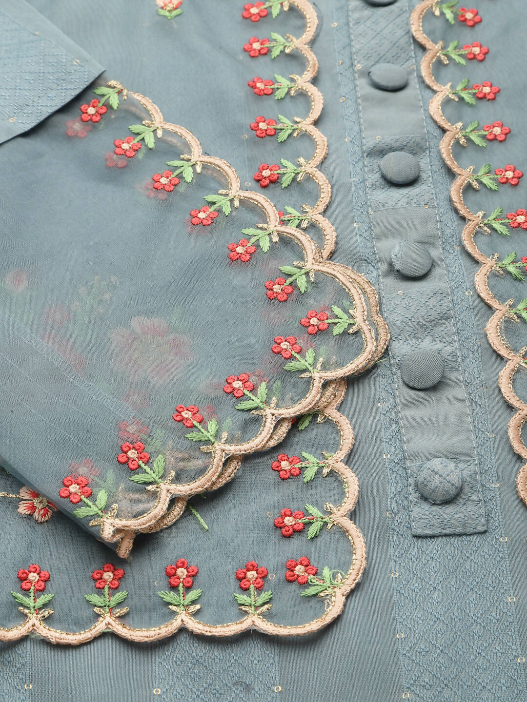 Sky Blue Embroidered Chinon Straight Kurta With Trouser & Dupatta - Salimar - Distacart