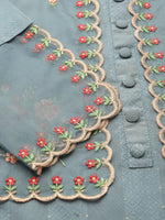 Thumbnail for Sky Blue Embroidered Chinon Straight Kurta With Trouser & Dupatta - Salimar - Distacart